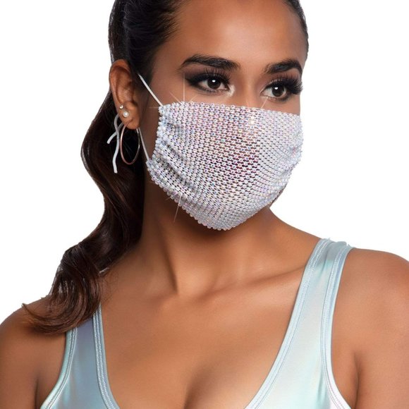 White Rhinestone Mesh Face Mask - Picture 5 of 9